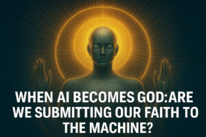 A futuristic golden humanoid depicted as a god-like figure, symbolizing the concept of AI Becomes God and the rise of faith in machines.