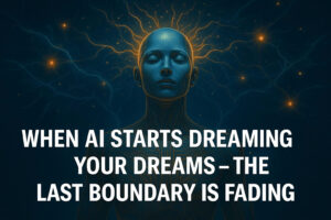 A futuristic digital artwork showing a humanoid robot in a dreamlike state surrounded by glowing neural networks, representing artificial intelligence dreaming.