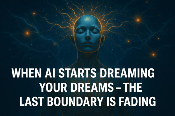 A futuristic digital artwork showing a humanoid robot in a dreamlike state surrounded by glowing neural networks, representing artificial intelligence dreaming.