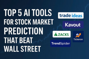 Thumbnail showing logos of Trade Ideas, Kavout, Tickeron, Zacks, and TrendSpider, representing top AI tools for stock market prediction.