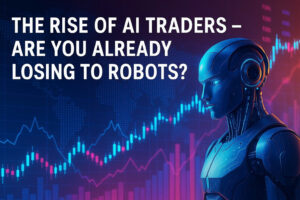 AI trader scanning the stock market with the title “The Rise of AI Traders – Are You Already Losing to Robots?” in bold futuristic style