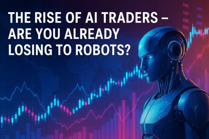 AI trader scanning the stock market with the title “The Rise of AI Traders – Are You Already Losing to Robots?” in bold futuristic style