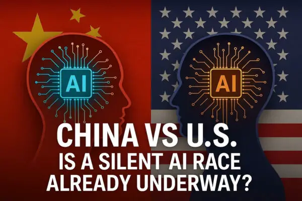 Two AI robot profiles representing China and the United States face each other in a silent AI race, with national flags in the background.