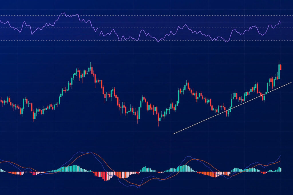 Candlestick chart with RSI and MACD indicators on TradingView showing market behavior and trend signals