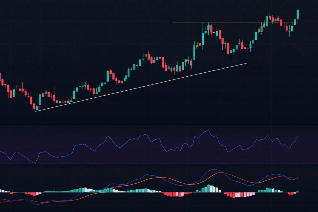 TradingView breakout chart showing candlestick pattern with trendline support, RSI and MACD confirmation